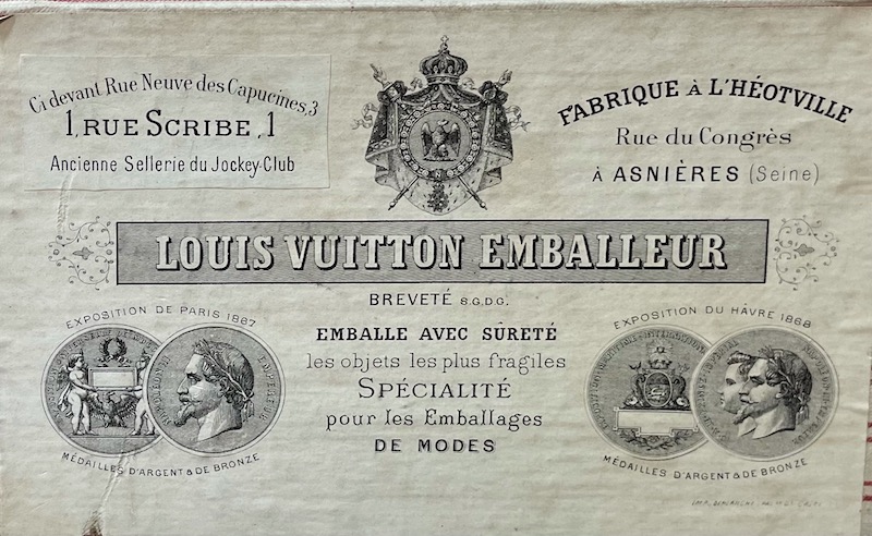 19th century poster advertising Louis Vuitton's flagship at 1 Rue Scribe  and its London location on Chari…